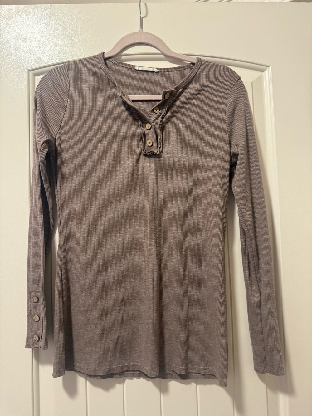 Reborn Ribbed Long Sleeve Henley Top in Taupe